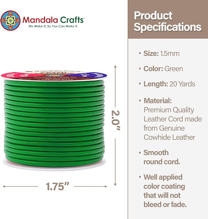 Mandala Crafts Round Genuine Green Leather Cord - Image 4