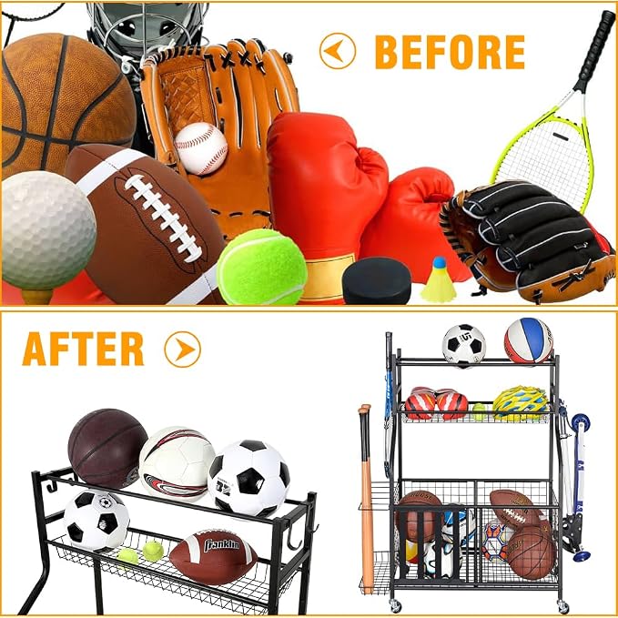 Snail Garage Sports Equipment Storage Organizer Sports Ball Storage Rolling Cart - Image 5