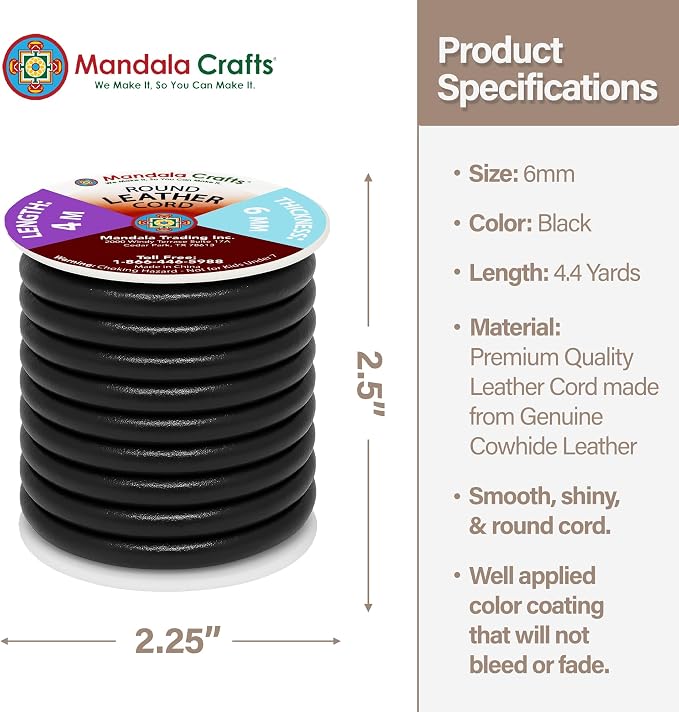 Mandala Crafts Round Genuine Black Leather Cord - Image 4