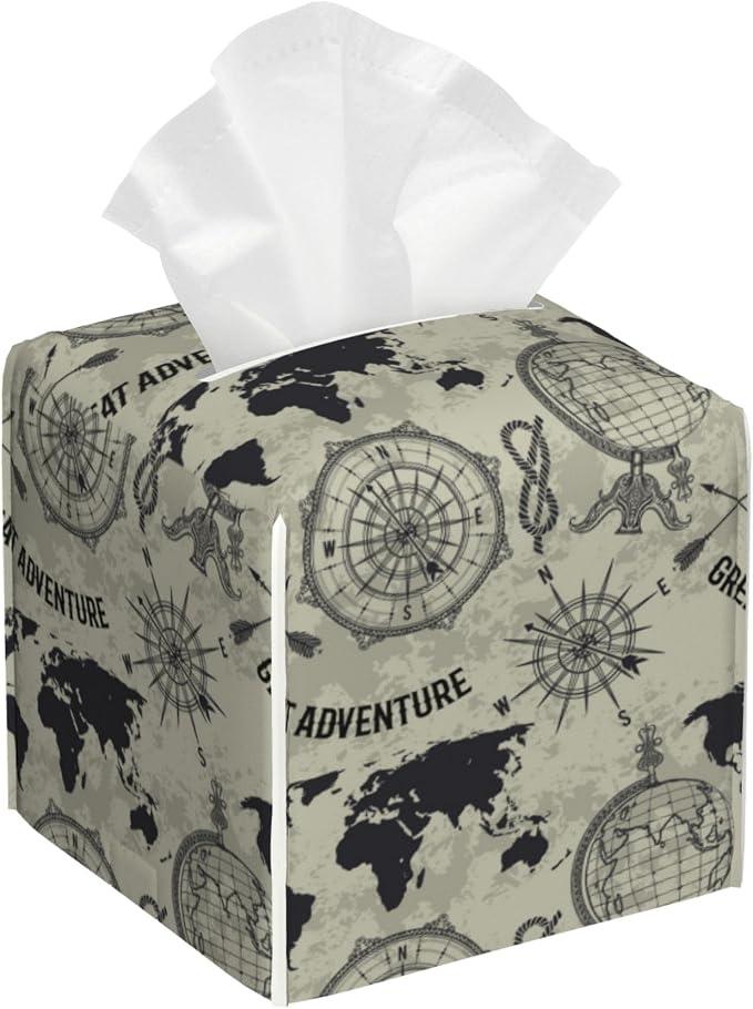 Tissue Box Cover Square, Retro Globe World Map Tissue Box Holder Waterproof by Unknown
