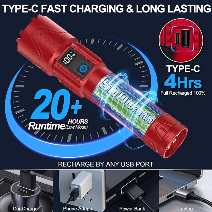 Rechargeable Tactical Flashlights 2000 High Lumens - 5000mAh Super Bright LED - Image 6