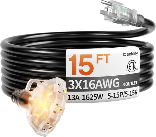 15 ft 16/3 awg 3 Outlet Extension Cord Splitter by Deeklify