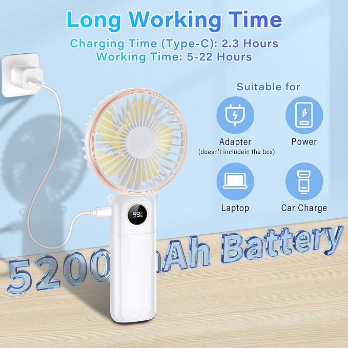 Portable Handheld Fan 5200mAh, USB Rechargeable Foldable Electric Personal - Image 3