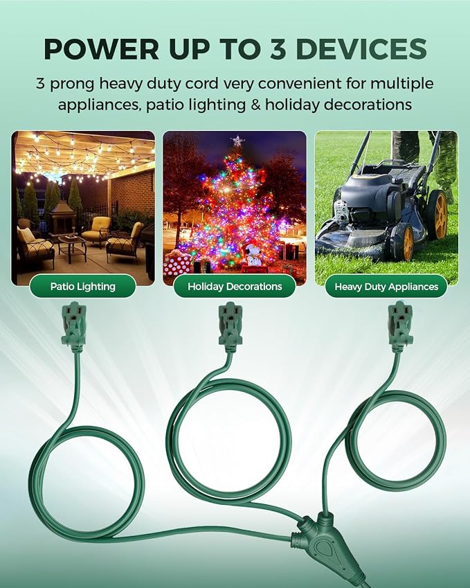 28 Ft Outdoor Power Cord, 1 to 3 Splitter Heavy Duty Weatherproof Extension Cord - Image 3