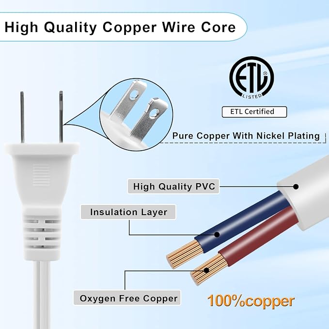 100 FT White Extension Cord, 2 Prong Extension Cord 18AWG SPT-2 Flat Cord - Image 5