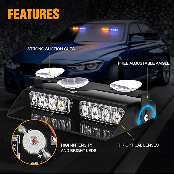 XRIDONSEN 2 in 1 Dash Emergency Strobe Lights Front/Rear Amber Blue Windshield - Image 3