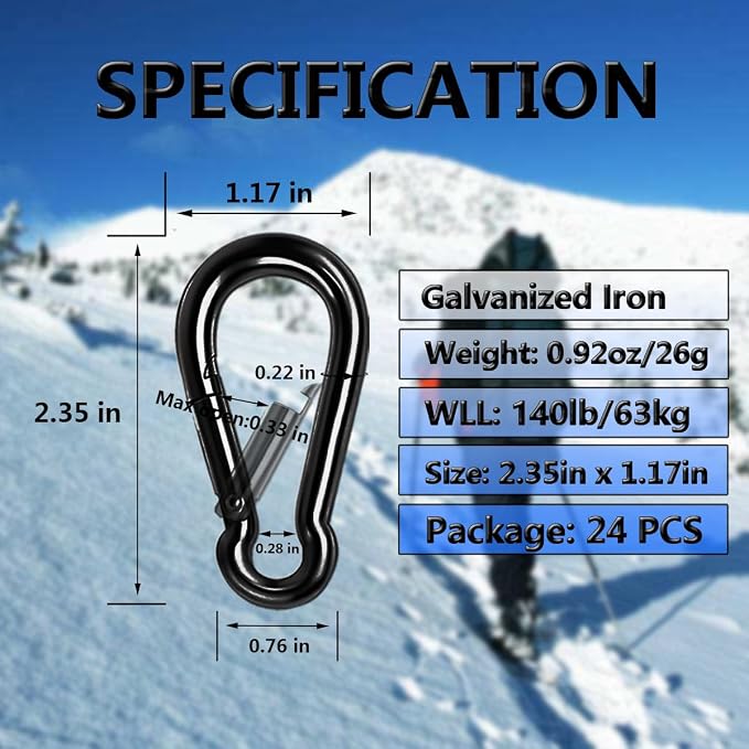 Black Carabiner Clip, Heavy Duty Spring Snap Hook Quick Link - Image 2