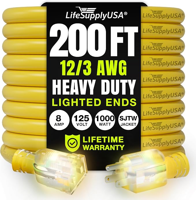 200ft Outdoor/Indoor Extension Cord 12/3 Gauge Extra Heavy Duty 3 Prong SJTW by LifeSupplyUSA