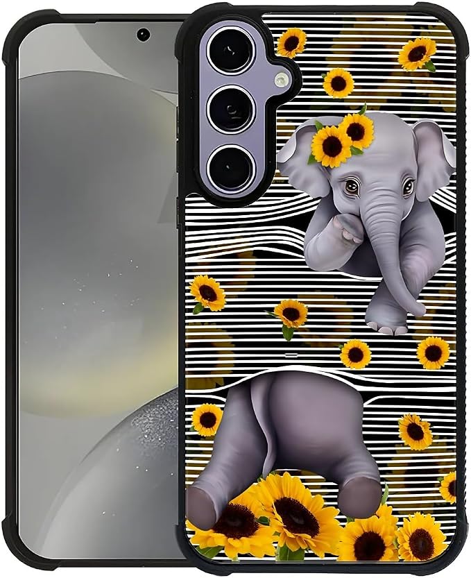 for Samsung Galaxy S24 S25 Case, Cute Little Elephant Sunflower White Line Art by FKBRCL4U