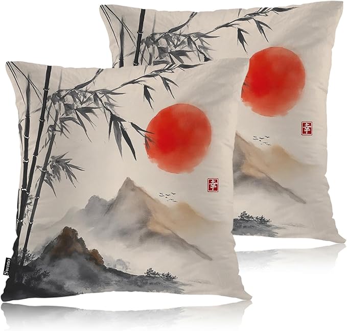 Swono Outdoor Pillow Covers Bamboo, Japanese Bamboo Trees Mountains Red Sun by Swono