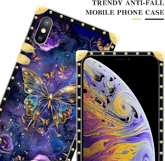 Compatible with iPhone XR Case, Glistening Golden Butterfly Vibrant Purple Blue - Image 4