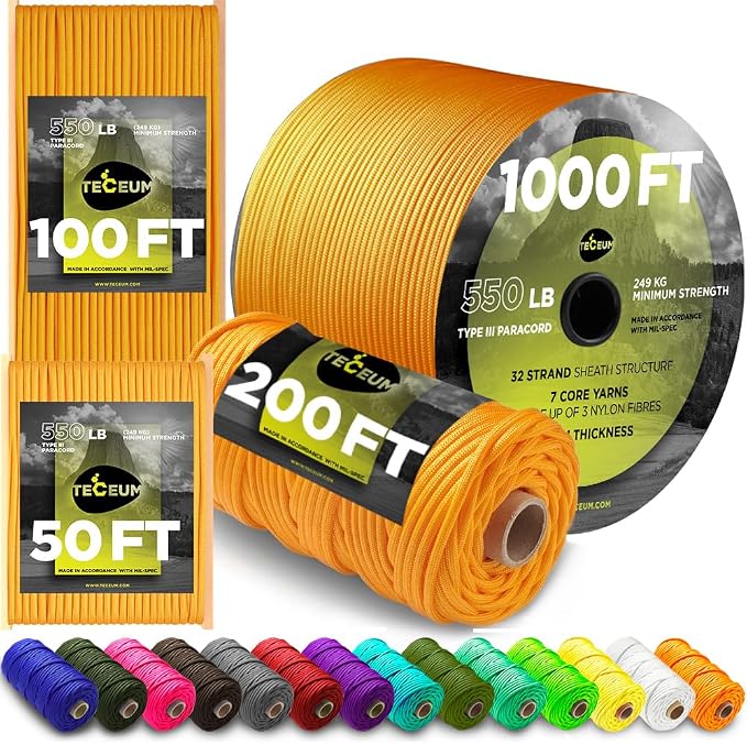 TECEUM 5/32" Paracord Rope 1000 – 1000ft / 200ft / 100ft / 50ft – Tactical by TECEUM