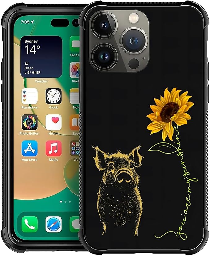 for iPhone 13 Pro Max Case, Pig Sunflower Yellow Sunshine Pattern Graphic by FKBRCL4U