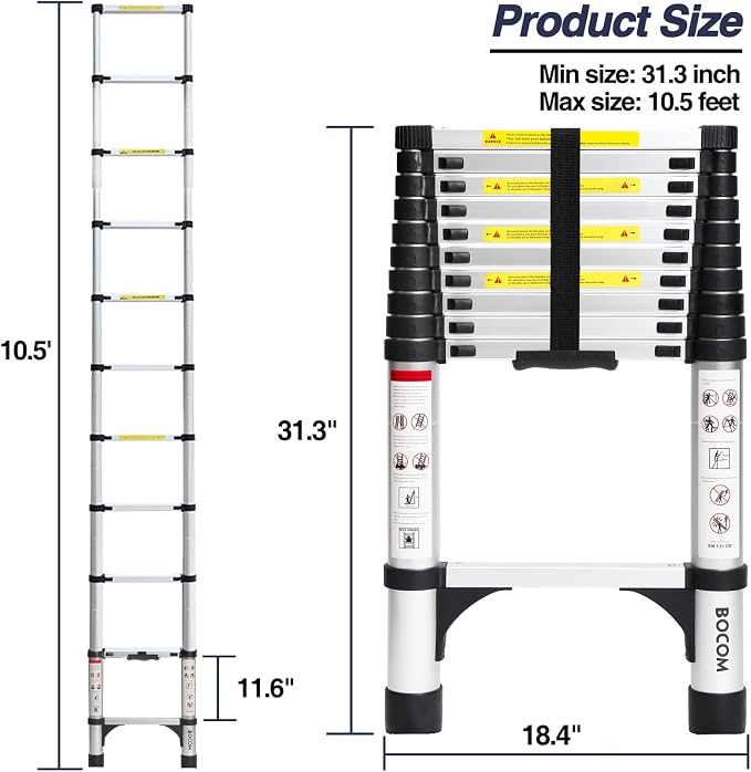BOCOM 10.5 FT Aluminum Telescoping Ladder, Lightweight Multi-Purpose - Image 5