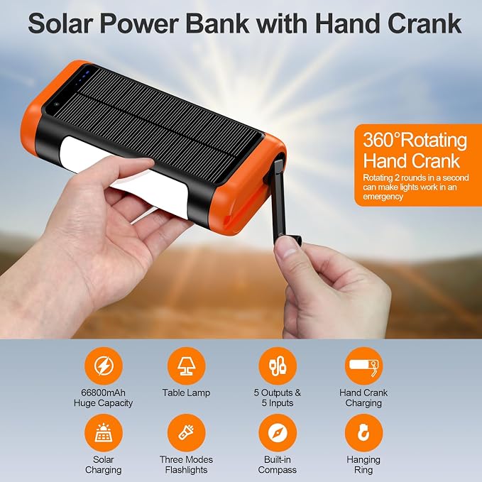 DJKK Solar Power Bank Portable Charger:66800mAh Built in Hand Crank and 3 - Image 2