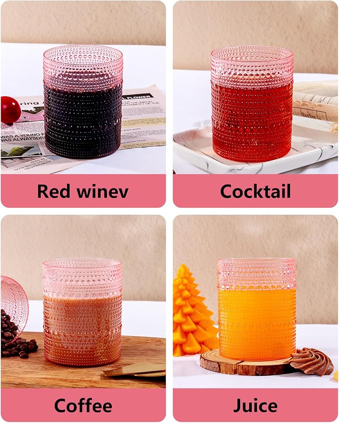YOUBET 24PCS Plastic Drinking Glasses - 14OZ Pink Hobnail Drinkware Glasses - - Image 3