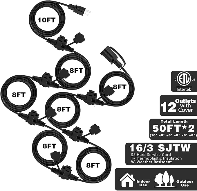 K KASONIC - Outdoor Extension Cord 100 FT, Evenly Spaced 12 Outlets Plugs - Image 2