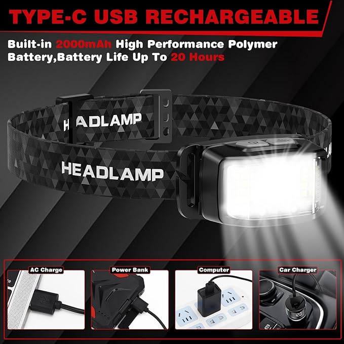 Headlamp Rechargeable, 2 Pack 2000 Lumen Super Bright Led Headlamp, 16 Modes - Image 5
