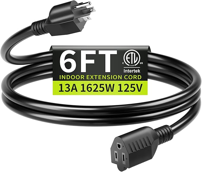 16/3 Black Extension Cord 6 FT Indoor, Short Extension Cord by Seeklyze