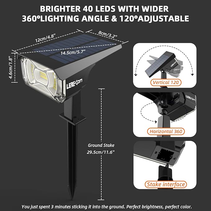 LEREKAM Solar Spot Lights, IP65 Waterproof 40 LED's Landscape Spotlights - Image 6