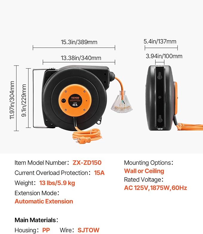 VEVOR Retractable Extension Cord Reel, 45 FT, Heavy Duty 12AWG/3C SJTOW Power - Image 7