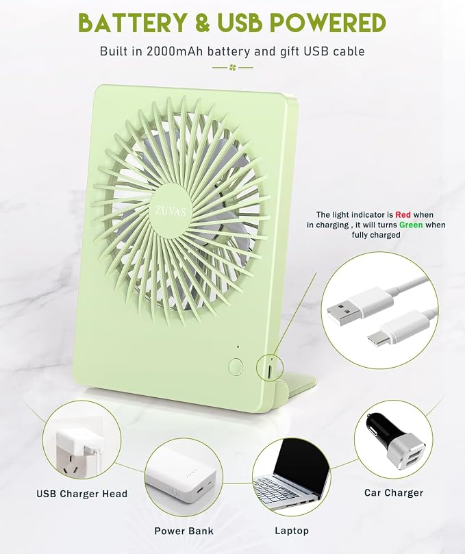 Zuvas Desk Fan Battery Operated Fan Rechargeable 180°Tilt Folding Personal Fan - Image 4