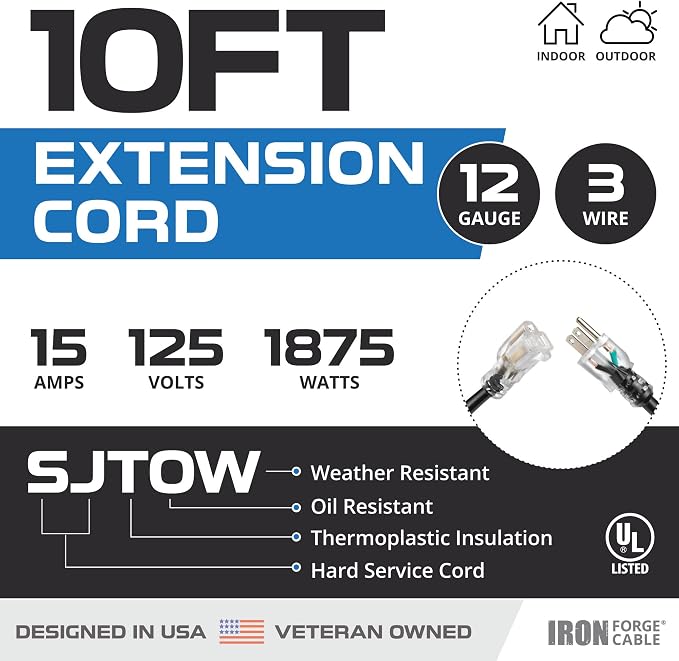 Iron Forge Cable 12 Gauge Outdoor Extension Cord 10 Ft, SJTOW 12/3 Heavy Duty - Image 2