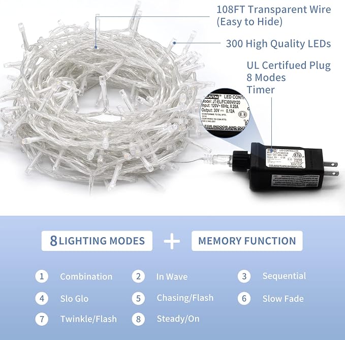 JMEXSUSS 300 LED Christmas Lights Clear Wire, 8 Modes White Christmas String - Image 4
