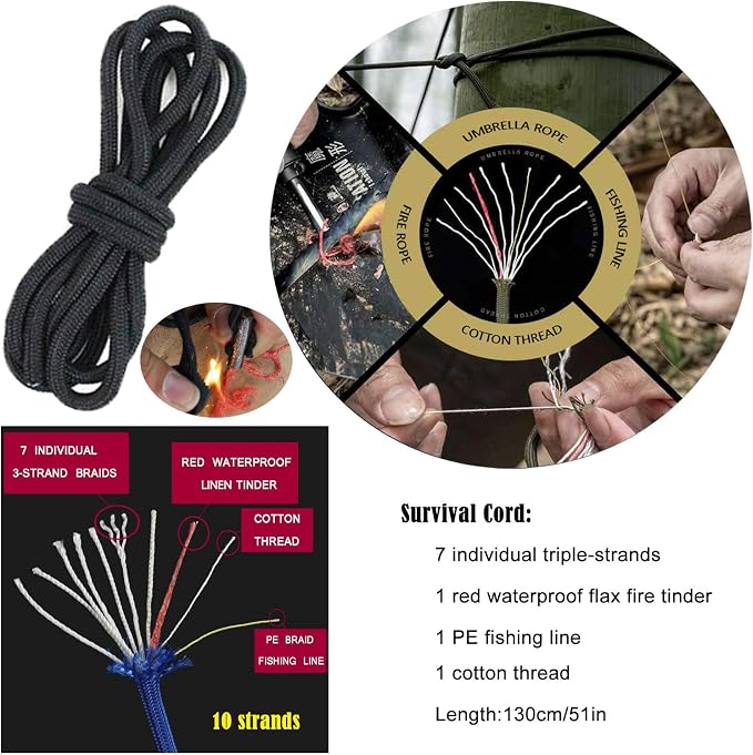 BSGB Fire Starter Paracord Necklace EDC Military Survival Gear Tinder Cord Fire - Image 5