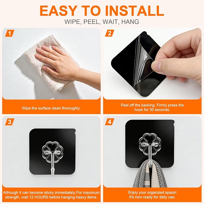 DDMY Black Heavy Duty Adhesive Hooks 2026 Upgraded 50lbs（Max） Sticky Wall Hooks - Image 7