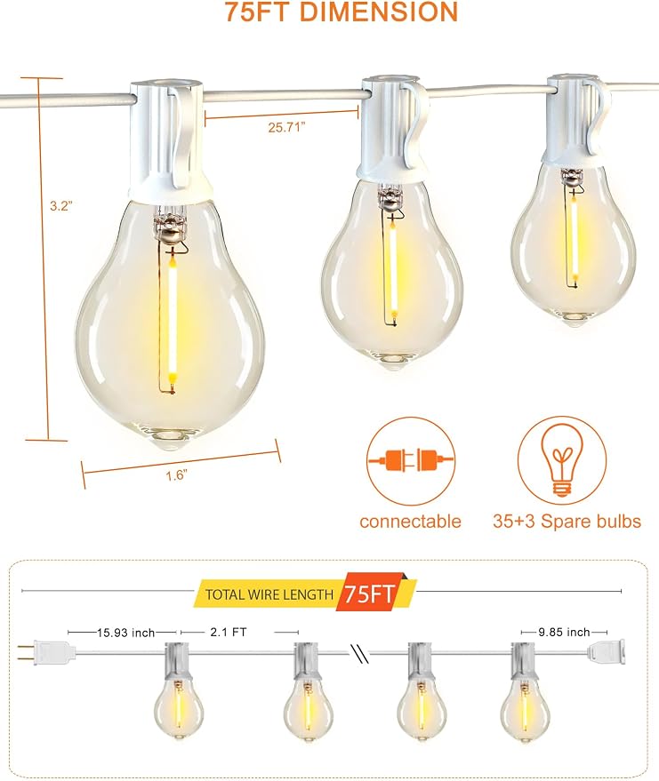 DAMAING Outdoor String Lights 75FT Waterproof Patio Lights - Image 7