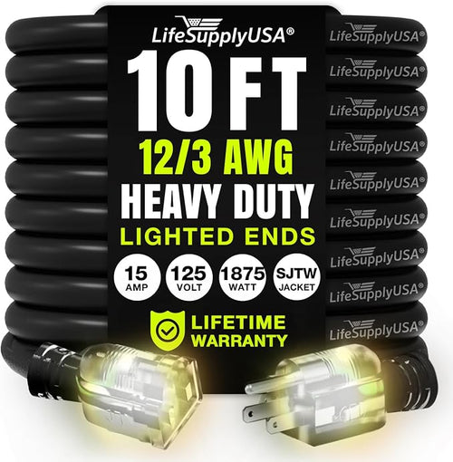 10ft Outdoor/Indoor Extension Cord 12/3 Gauge Extra Heavy Duty 3 Prong SJTW by LifeSupplyUSA