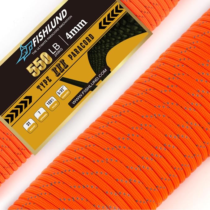 Reflective Paracord 550 lb, 7 Strand Paracord Rope 50ft 4mm, Nylon Parachute by FISHLUND