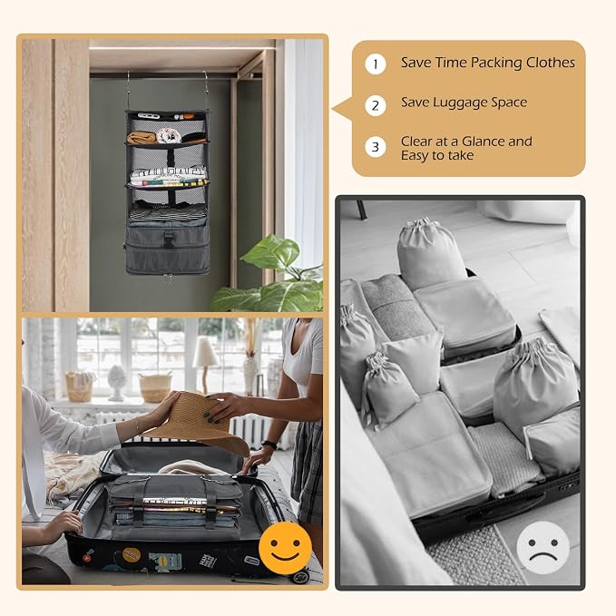Surblue Hanging Closet Storage Bag Collapsible 3-Shelf Washable Oxford Fabric - Image 3