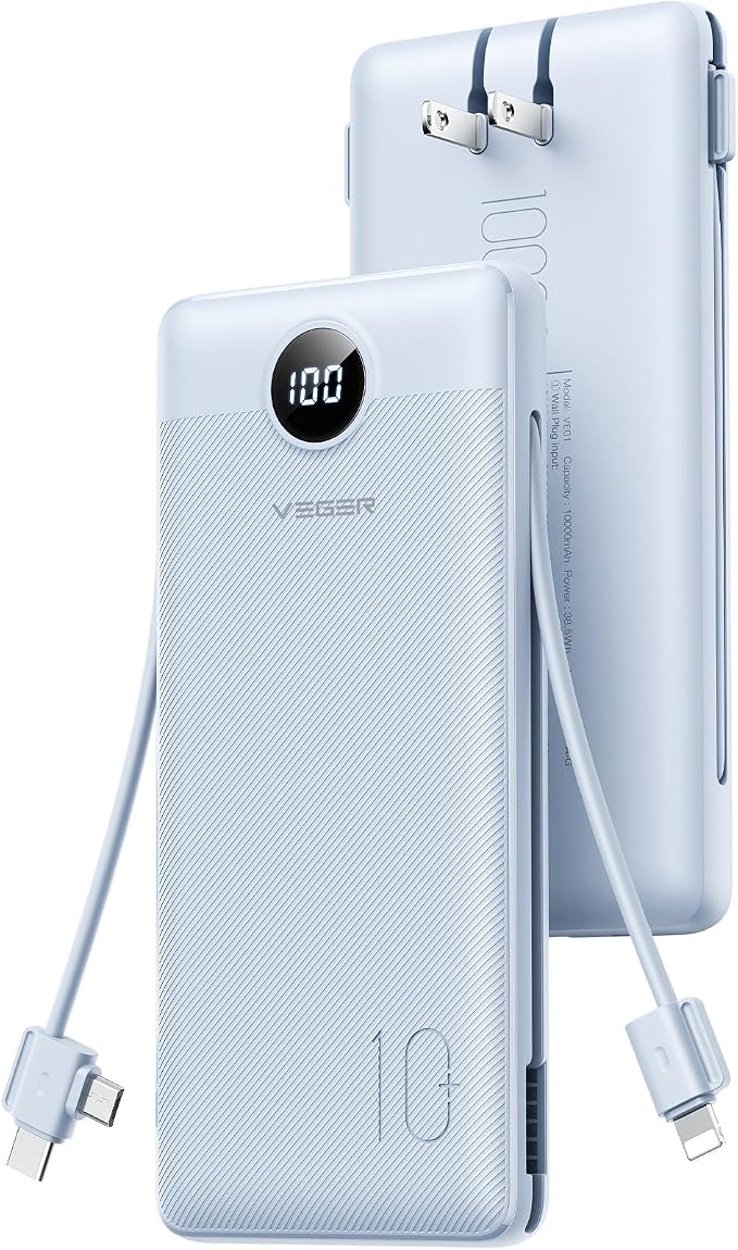 VEGER AC Wall Plug Portable Charger, 10000mah Slim Portable Charger Built in by VEGER