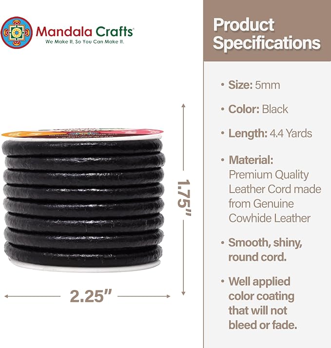 Mandala Crafts Round Genuine Black Leather Cord - Image 4