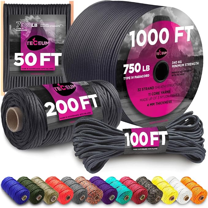 TECEUM 5/32" Paracord Rope 1000 – 1000ft / 200ft / 100ft / 50ft – Tactical by TECEUM