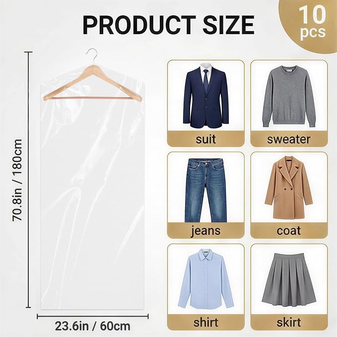 10 Pack Dry Cleaner Bags Plastic Clear, 23.6 x 71In Plastic Garment Bags - Image 2