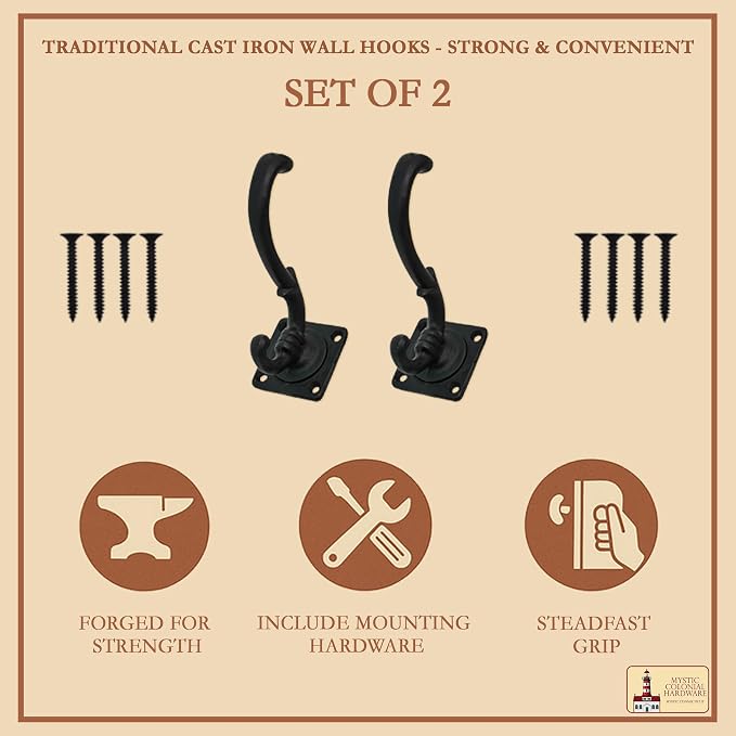 Mystic Colonial Medieval Wall Hooks Hand-Forged Black Coated | Rustic - Image 4