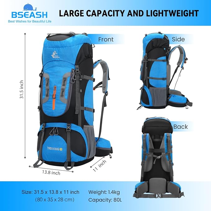 Bseash 80L Waterproof Hiking Camping Backpack - Image 2
