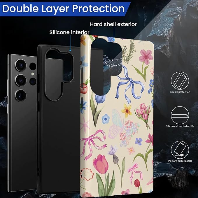 for Samsung Galaxy S24 Ultra Case, HL2 Aesthetic Flower Preppy Collage Hybrid 2 - Image 2