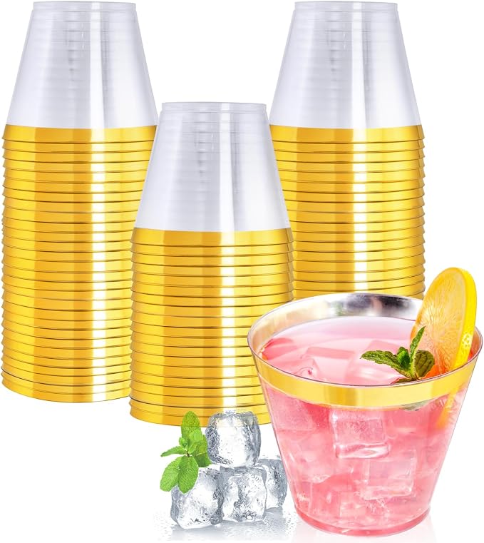 I00000 60PCS Gold Plastic Cups, 9 oz Clear Disposable Cups by I00000