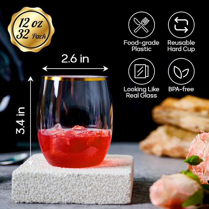 FOCUSLINE 32 Pack 12 OZ Plastic Wine Glasses, Stemless Disposable Wine Cups - Image 2