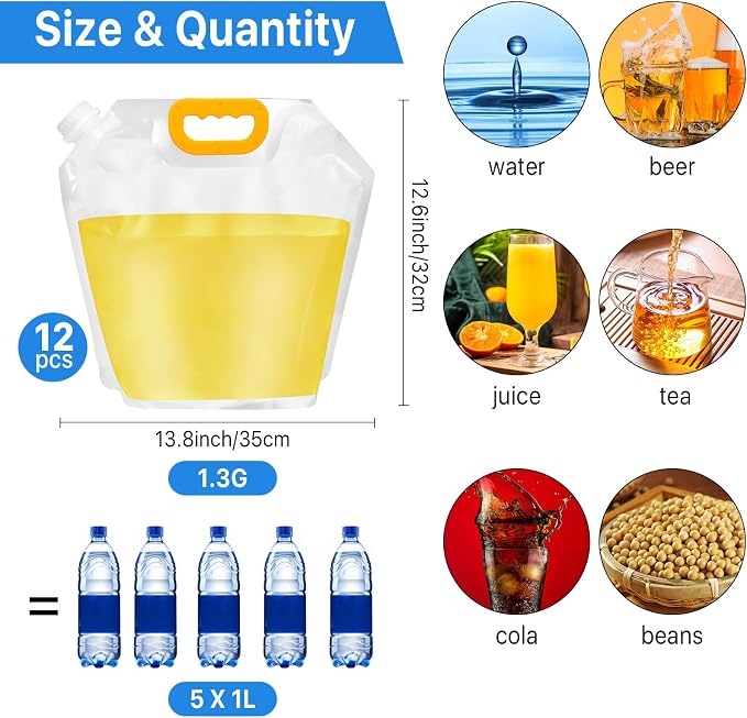 12 Pack Collapsible Water Container Bag 1.3 Gallon Emergency Foldable Water - Image 2