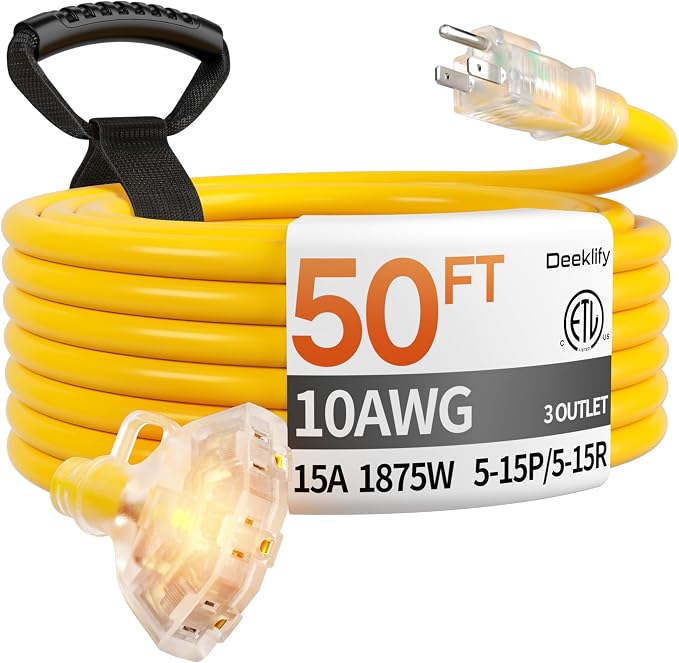 50 ft 10 Gauge Heavy Duty 3 Outlet Extension Cord Splitter by Deeklify