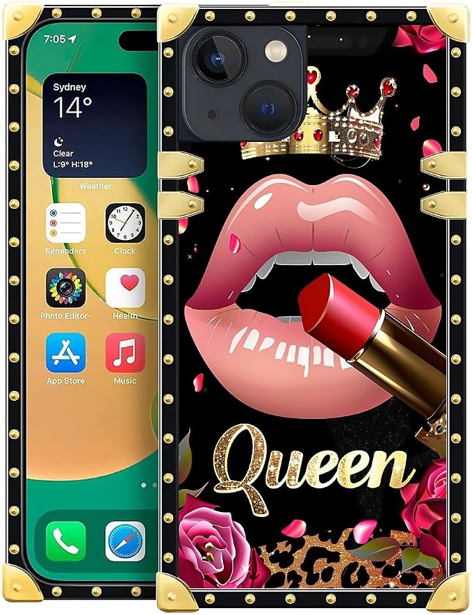 Compatible with iPhone 14 Case, Glitter Red Rose Queen Leopard Lipstick Luxury by Unknown