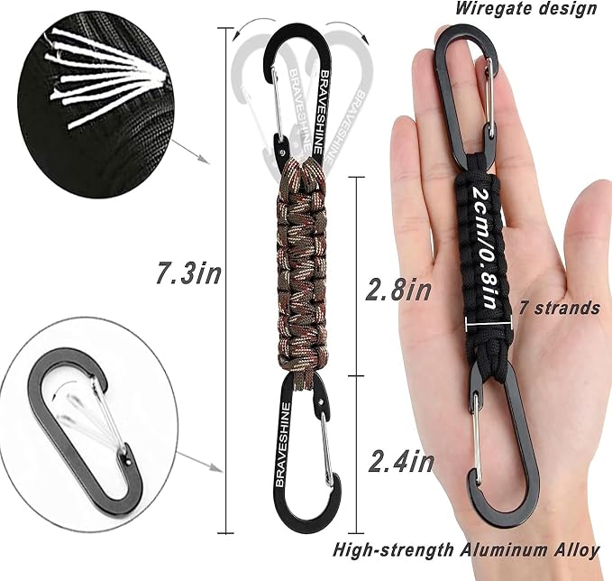 BRAVESHINE Paracord Keychain Carabiner Clip, D Ring Lanyard Hanger Stroller Hook - Image 5