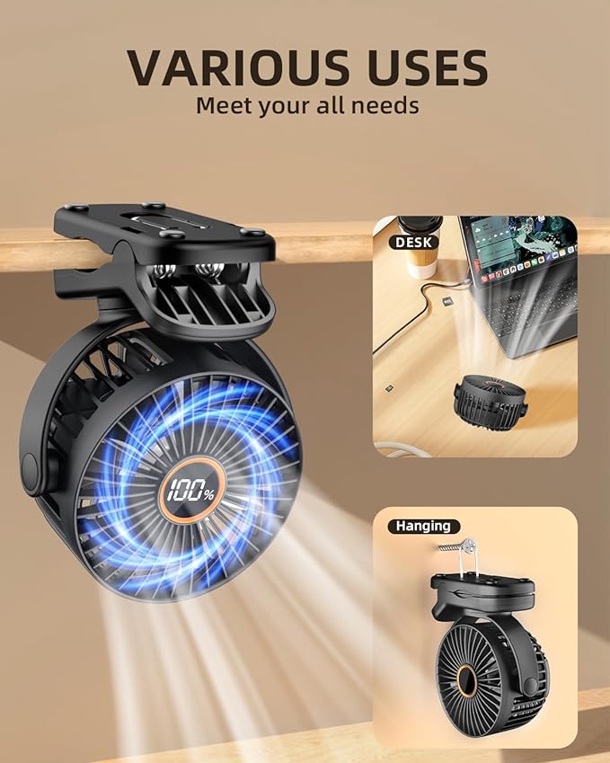 TUNISE Mini Clip on Fan, Battery Operated Desk Fan, Digital display，3 Speeds - Image 7