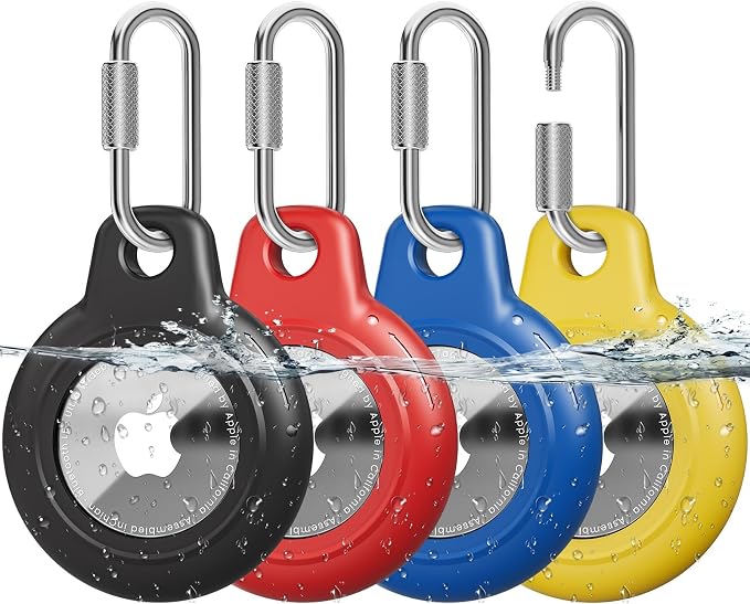 AirTag Holder with 304 Carabiner, 4 Pack IPX8 Waterproof Shockproof PC Hard Case by HOME