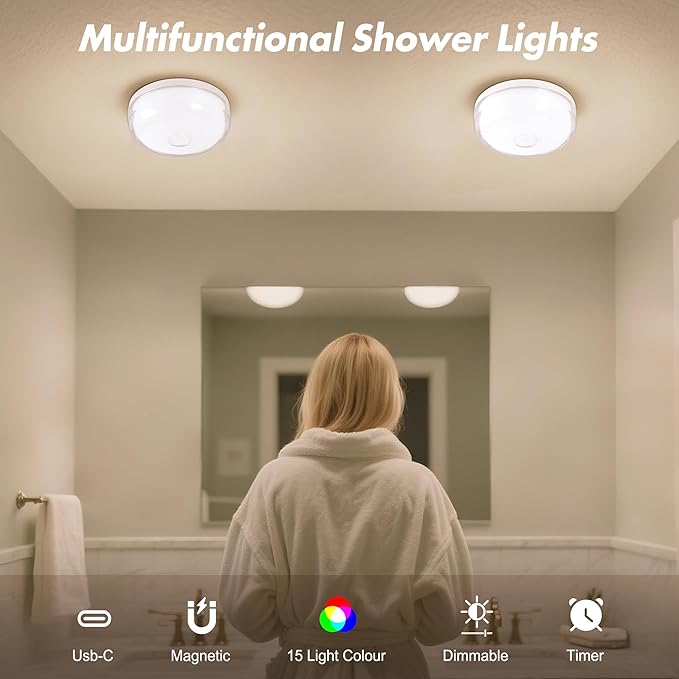2-Pack Rechargeable Shower Light No Wiring, 15 RGBW Color Changeable Waterproof - Image 3